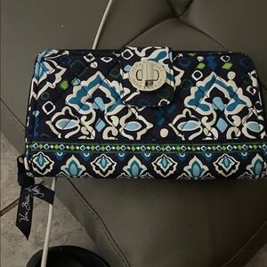Vera Bradley Navy Blue Quilted Wallet with Teal & White Pattern